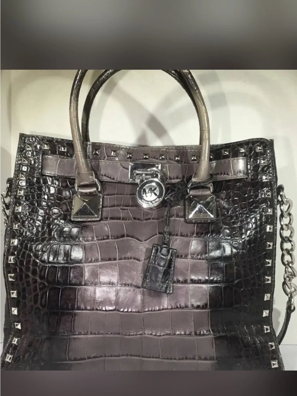Michael Kors Croc-Embossed Satchel in Dark Brown and gray